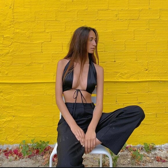 MIRROR PALAIS BLACK SILK HALTER TOP - Picture 2 of 6